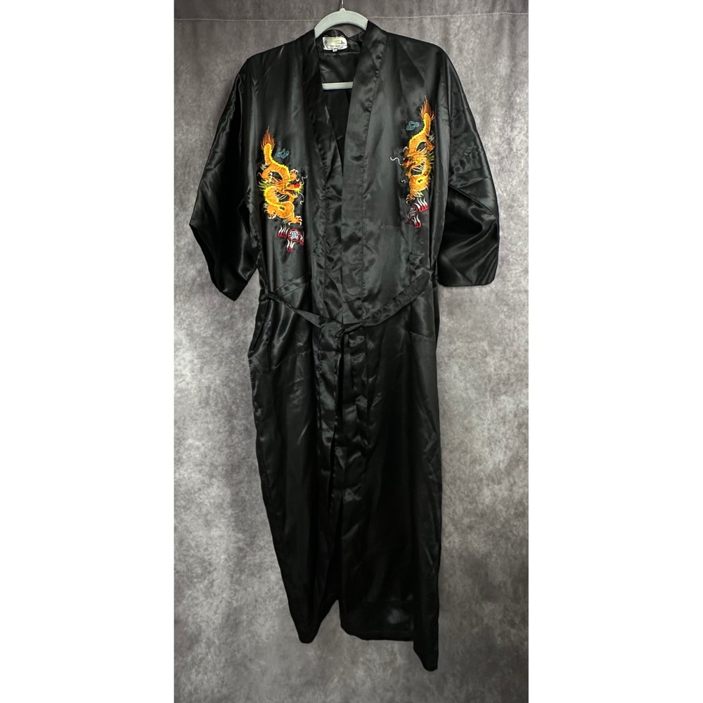 Golden Dragon Vintage Embroidered Satin Kimono Robe Black Large Men's Loungewear